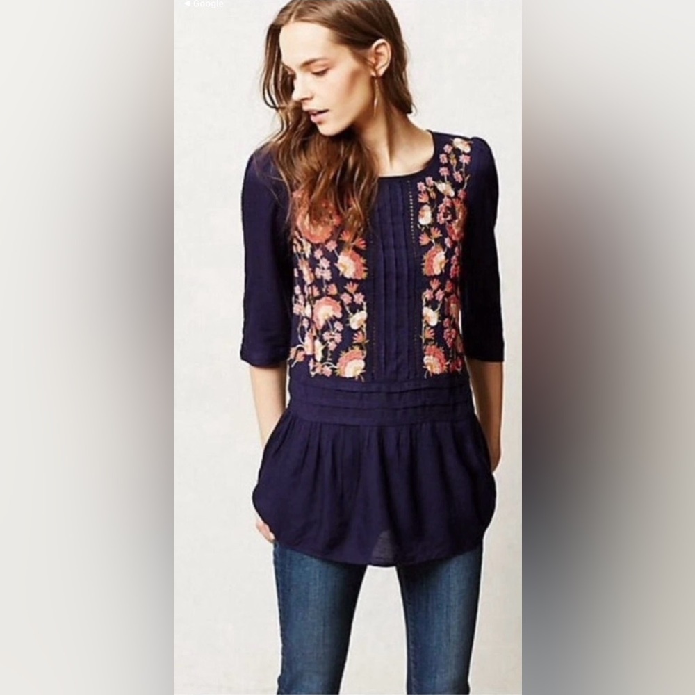 Anthropologie Floreat Luana Top Floral Button Back Drop Waist Boho Embroidered